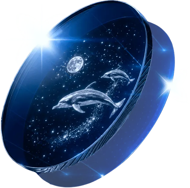 Disco de cristal de ZoomySky con una escena de delfines bajo la luna, visto de frente
