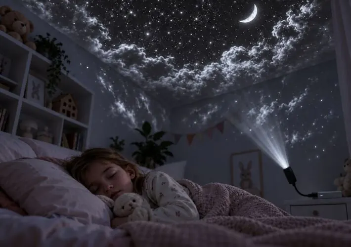 Niño tumbado en su cama mirando un cielo estrellado proyectado en el techo de su habitación