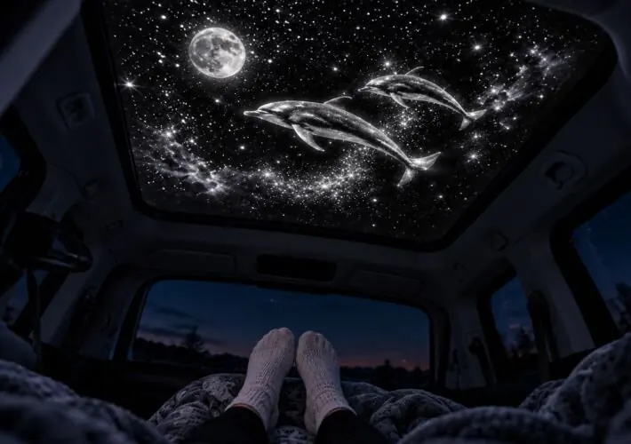 Interior de una furgoneta camperizada de noche con estrellas proyectadas en el techo