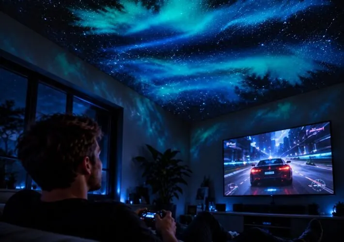 Pareja en el sofá viendo una película con el techo del salón lleno de estrellas azules