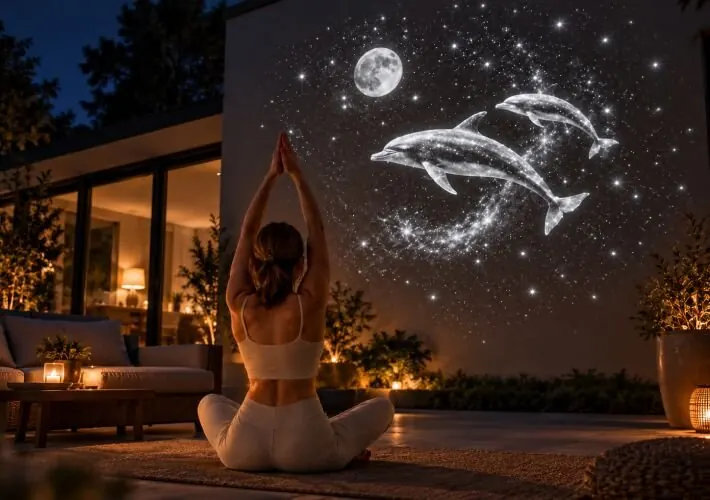 Mujer sentada con las piernas cruzadas sobre una esterilla de yoga en un salón iluminado por estrellas proyectadas