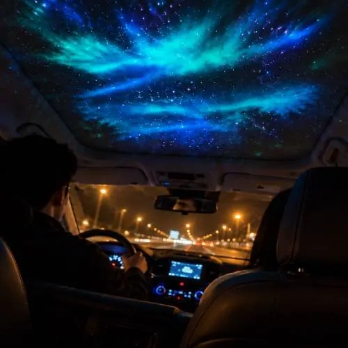 Techo de un coche aparcado iluminado con una aurora proyectada