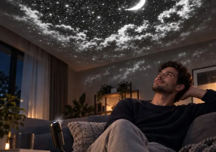 Techo cubierto de estrellas y de una nebulosa azul proyectadas por ZoomySky en una habitación oscura