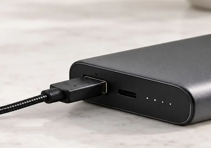 Cable USB de ZoomySky conectado a una batería externa sobre una mesita de noche
