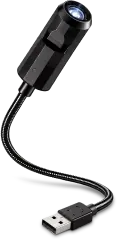 Foto de producto del proyector ZoomySky negro sobre fondo blanco, con el cuello flexible y el cable USB a la vista